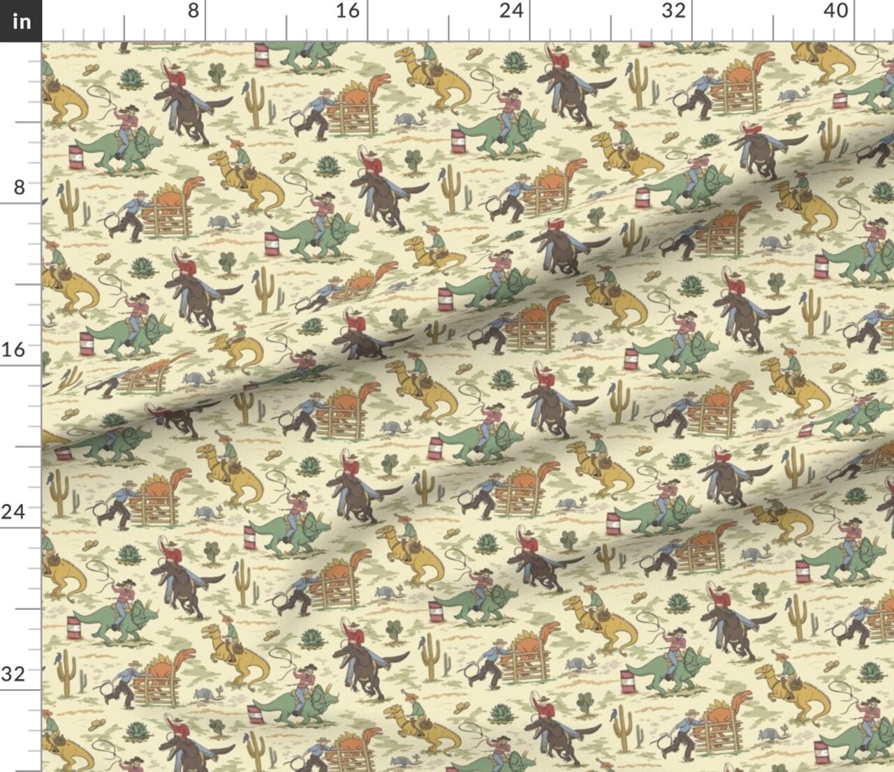 Wild West Cowboy Cowgirl Dinosaurs Kids Rodeo Armadillo Southwest Lasso Barrel Racing Tyrannosaurus Rex Triceratops Stegosaurus Cactus Raven Custom Printed Fabric by Spoonflower Various Fabrics by the Yard or Fat Quarter